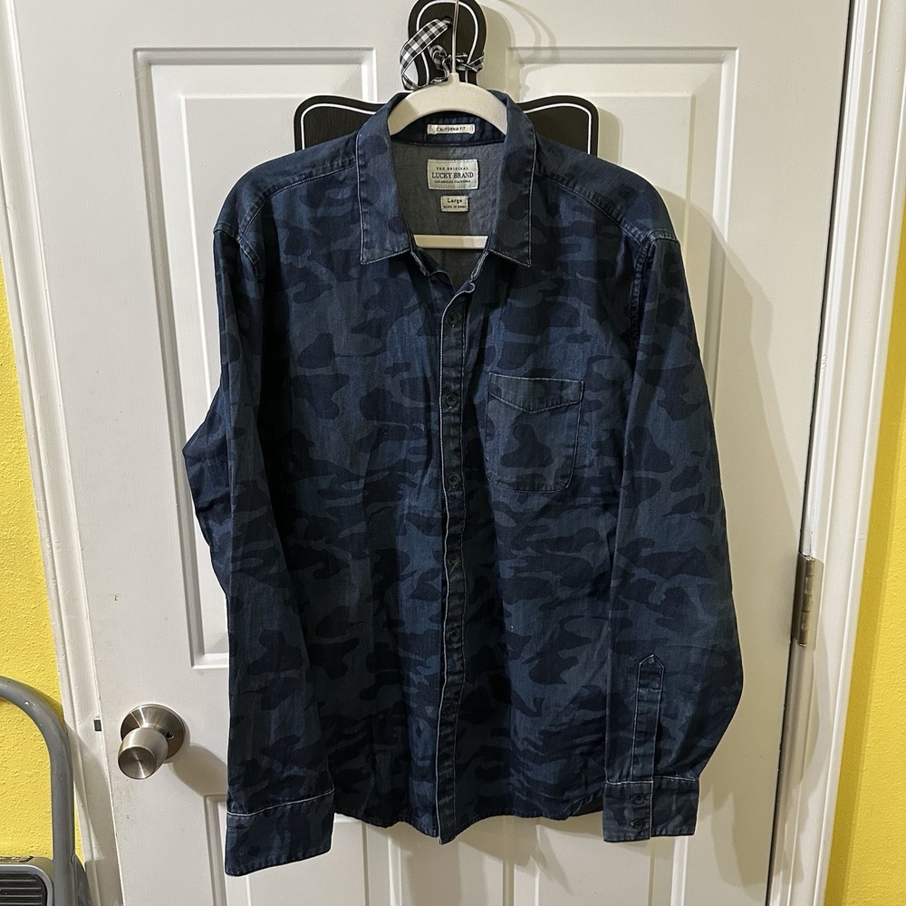 Lucky Brand California Fit Blue Camo Print Long Sleeve Button‎ Up Men's Size L